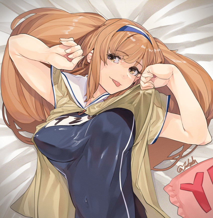 1girl breasts brown_eyes brown_shirt fuwafuwatoufu hairband highres i-26_(kancolle) kantai_collection large_breasts light_brown_hair long_hair looking_at_viewer lying name_tag new_school_swimsuit one-hour_drawing_challenge open_clothes open_shirt sailor_collar school_swimsuit shirt short_sleeves solo swimsuit swimsuit_under_clothes tongue tongue_out two-tone_hairband two_side_up upper_body