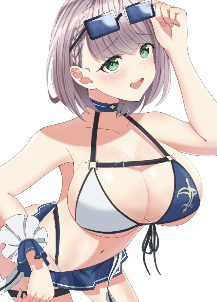1girl absurdres beach bikini blush braid breasts cleavage green_eyes grey_hair hair_ornament highres hololive large_breasts looking_at_viewer mole mole_on_breast navel open_mouth shirogane_noel simple_background solo swimsuit virtual_youtuber