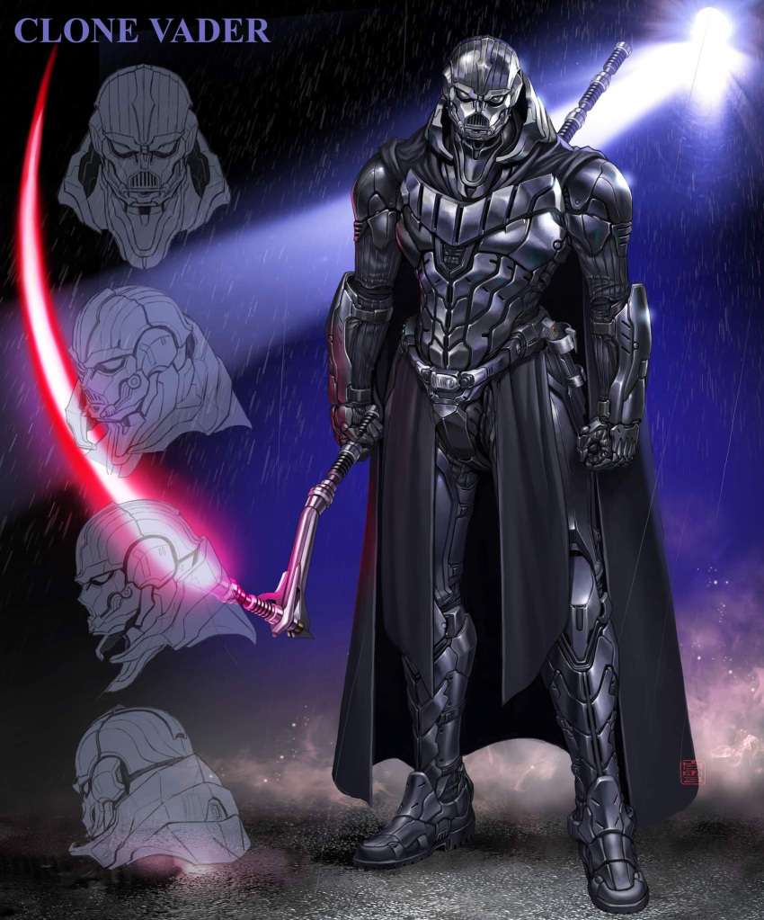 1boy black_cape cape clenched_hand darth_vader dust energy_weapon head_tilt helmet highres holding holding_scythe maeda_hiroyuki multiple_views power_armor profile rain redesign science_fiction scythe sith solo_focus star_wars straight-on