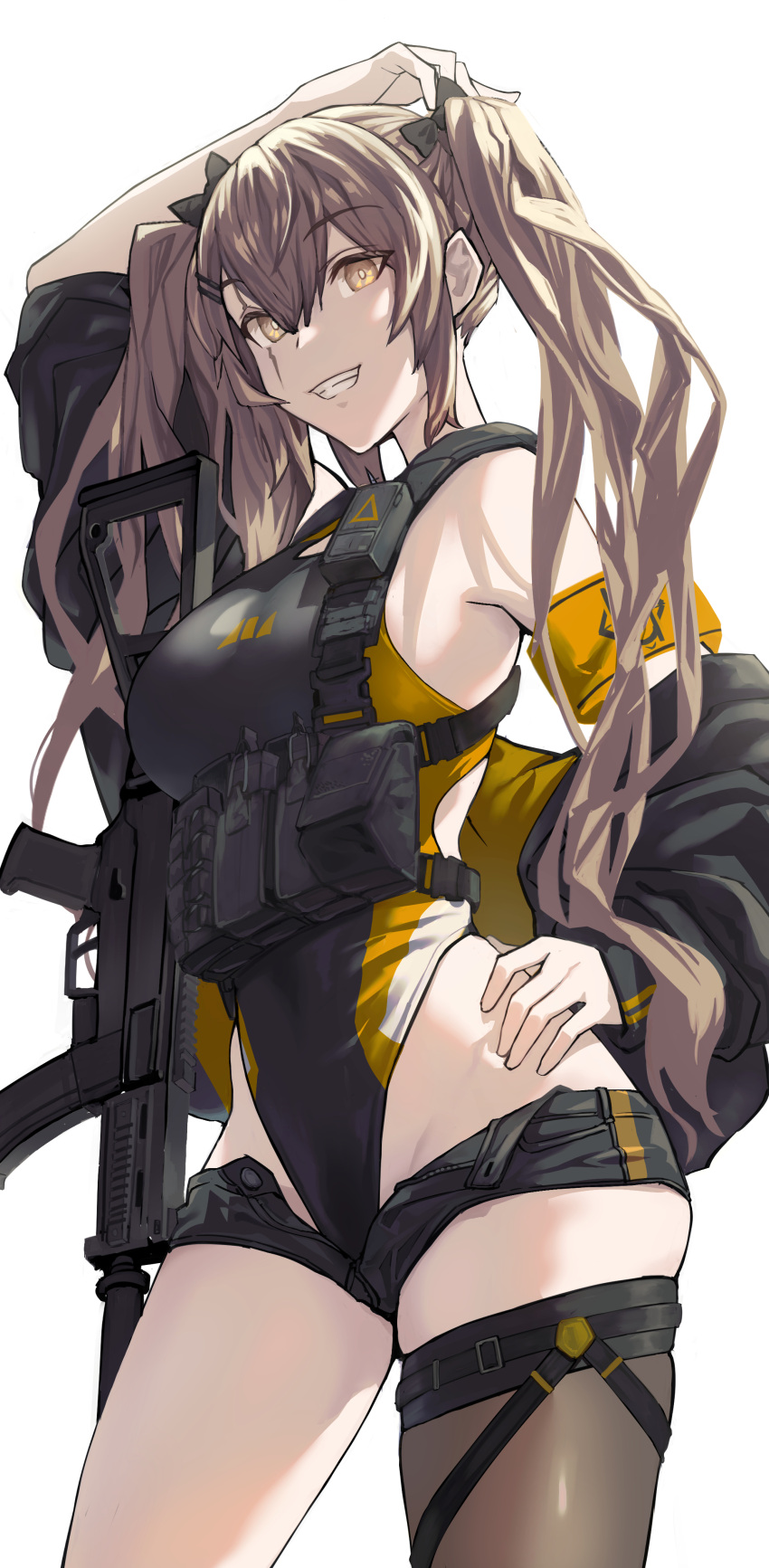1girl absurdres arm_up armband brown_hair chest_harness competition_swimsuit cowboy_shot fujita_(condor) girls'_frontline gun h&amp;k_ump9 hand_on_hip harness highres jacket off_shoulder one-piece_swimsuit scar scar_across_eye scar_on_face short_shorts shorts single_thighhigh standing submachine_gun swimsuit thigh_strap thighhighs twintails two-tone_swimsuit ump9_(girls'_frontline) unzipped weapon white_background