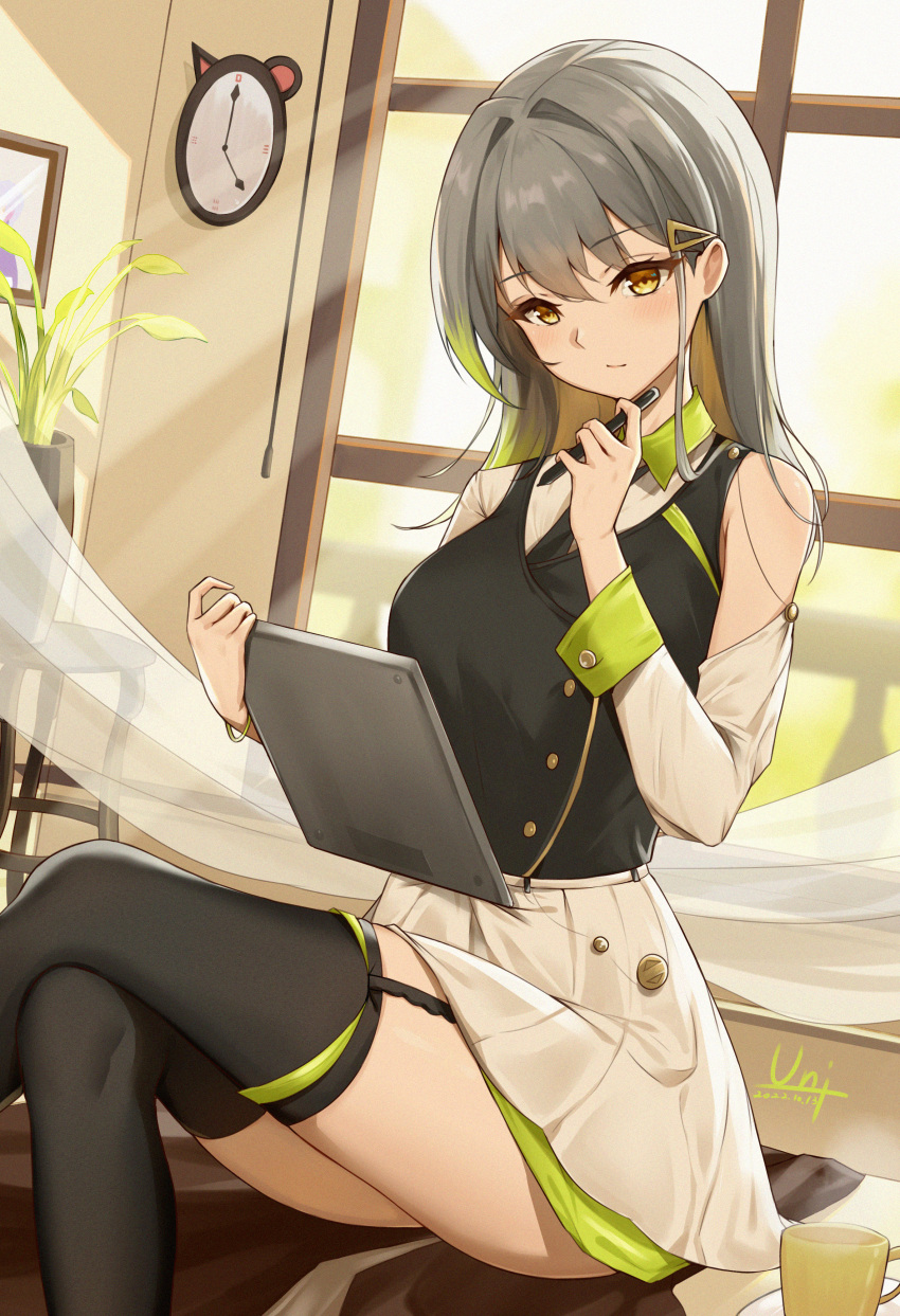 1girl absurdres bare_shoulders black_necktie black_thighhighs blonde_hair blush clock closed_mouth colored_inner_hair crossed_legs cup dated detached_sleeves garter_straps green_hair grey_hair hair_ornament hairclip highres holding holding_stylus indoors long_sleeves looking_at_viewer miniskirt multicolored_hair necktie original signature sitting skirt smile solo streaked_hair stylus tablet_pc thighhighs unique_(pixiv12704744) vase white_skirt wind yellow_eyes