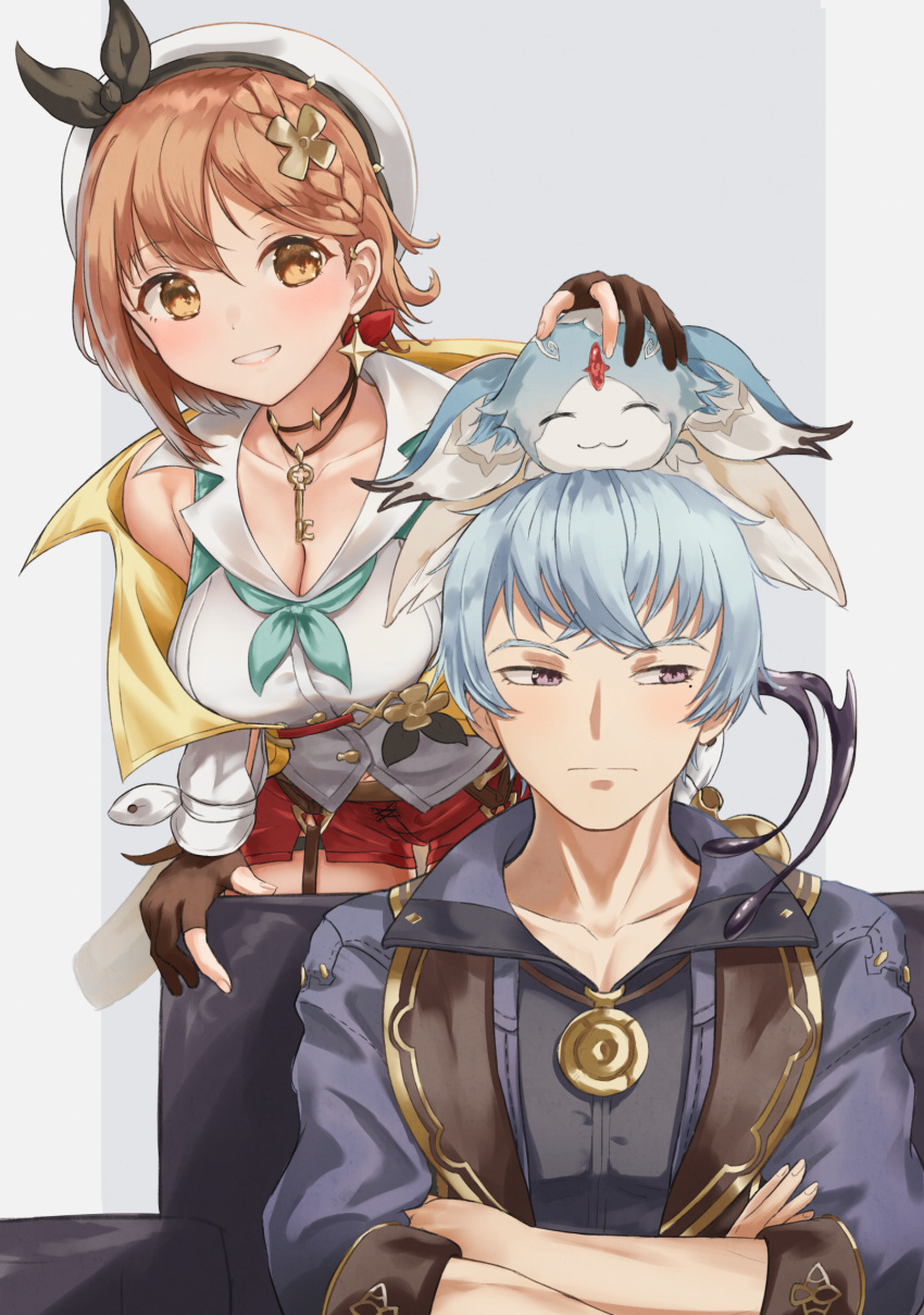 1boy 1girl atelier_(series) atelier_ryza atelier_ryza_2 atyao-299 bare_shoulders black_choker black_hairband black_shirt blue_hair bos_brunnen breasts brown_eyes brown_gloves brown_hair choker cleavage closed_mouth collarbone collared_shirt crossed_arms drop_earrings earrings embarrassed fi_(atelier) gloves hairband highres jacket jewelry key_necklace large_breasts leaning_forward light_blue_hair looking_to_the_side mole mole_under_eye necklace open_clothes open_jacket parted_lips partially_fingerless_gloves pendant petting purple_eyes purple_jacket red_shorts reisalin_stout shirt short_hair short_shorts shorts simple_background single_earring sitting sleeveless sleeveless_shirt smile standing star_(symbol) star_earrings white_headwear white_shirt yellow_jacket