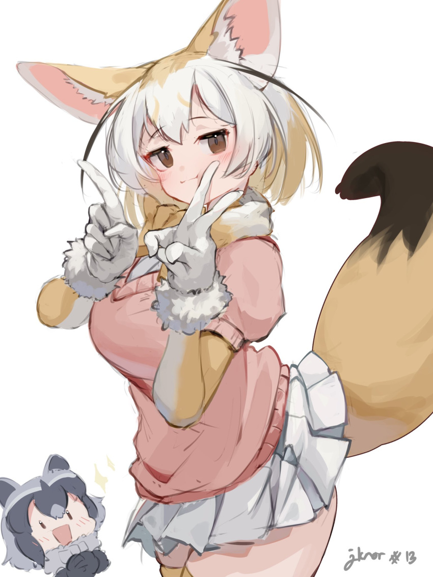 2girls animal_ears blonde_hair blush bow bowtie brown_eyes commentary common_raccoon_(kemono_friends) elbow_gloves extra_ears fennec_(kemono_friends) fox_ears fox_girl fox_tail fur_collar fur_trim gloves grey_hair highres kemono_friends multicolored_hair multiple_girls noor7 pink_sweater pleated_skirt puffy_short_sleeves puffy_sleeves raccoon_ears raccoon_girl short_hair short_sleeves skirt sweater tail thighhighs two-tone_gloves two-tone_hair v white_gloves white_hair white_skirt yellow_bow yellow_bowtie yellow_gloves yellow_thighhighs zettai_ryouiki