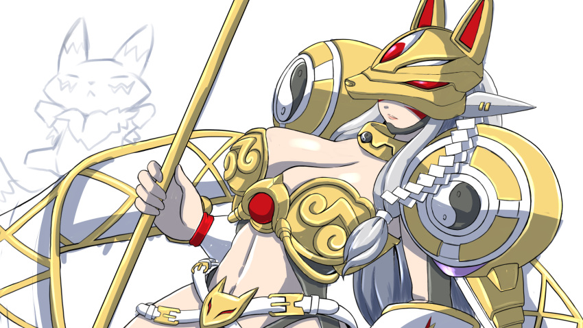1girl animal_ears armor belt bikini_armor breasts cleavage closed_mouth commentary covered_eyes cowboy_shot detached_sleeves digimon digimon_(creature) dutch_angle facial_mark fox_ears fox_mask grey_hair highres holding holding_staff holding_weapon large_breasts long_hair mask navel nazca_(rapid-rabbit's) renamon sakuyamon sakuyamon_x shoulder_armor simple_background staff standing stomach weapon white_background white_belt white_sleeves yellow_armor yellow_collar yin_yang