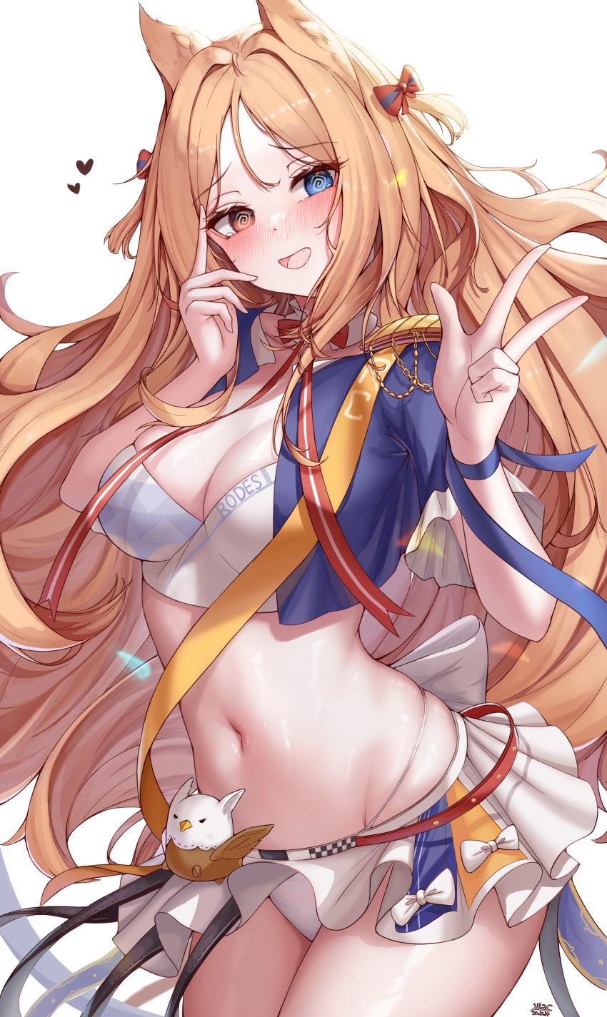 1girl @_@ absurdres animal_ears archetto_(arknights) arknights blue_eyes blush bow breasts brown_hair cleavage clothes_writing cowboy_shot epaulettes fang hair_bow hands_up heart highres lilac_(k32420276) long_hair looking_at_viewer medium_breasts miniskirt navel open_mouth panties red_bow red_eyes shirt simple_background single_epaulette skirt solo stomach thighs typo underwear upskirt w white_background white_panties white_shirt white_skirt