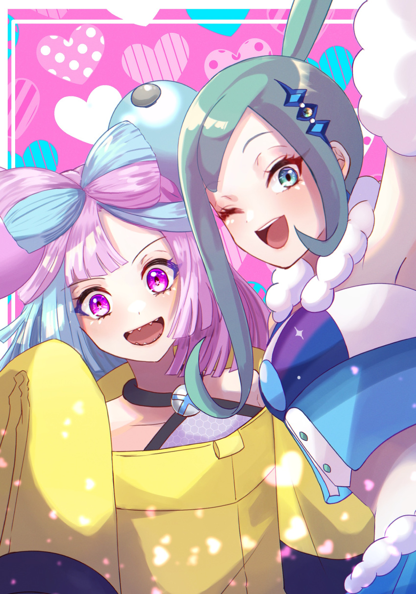 2girls :d ;d absurdres arm_up arm_warmers buttons commentary_request eyelashes green_eyes green_hair grey_shirt happy heart highres iono_(pokemon) jacket lisia_(pokemon) long_hair looking_at_viewer multiple_girls one_eye_closed open_mouth pokemon pokemon_(game) pokemon_oras pokemon_sv purple_eyes purple_hair sharp_teeth shirt sidelocks sleeveless sleeveless_shirt smile ssn_(sasa8u9r) teeth tongue upper_teeth yellow_jacket