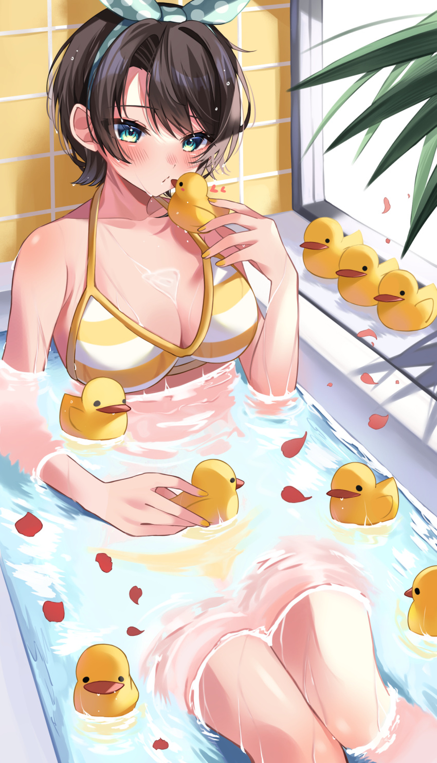 1girl absurdres aqua_eyes bangs bare_shoulders bathtub bikini blush bow_hairband breasts brown_hair feet_out_of_frame hairband halterneck heart highres hololive looking_at_viewer medium_breasts moonbell oozora_subaru partially_submerged petals polka_dot rubber_duck short_hair sidelocks sitting solo striped striped_bikini swept_bangs swimsuit thighs tile_wall tiles virtual_youtuber water wet