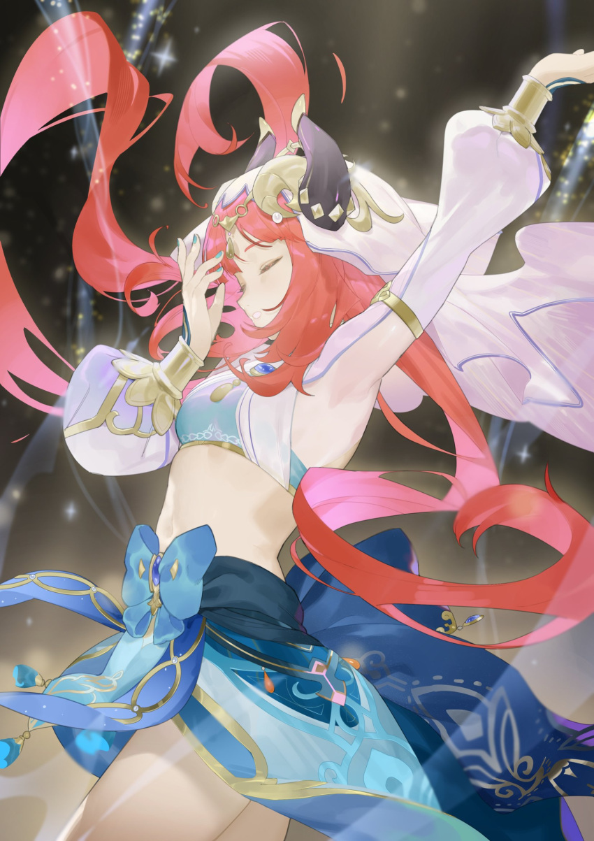 1girl arm_up armpits bangs blue_bow blue_nails blurry blurry_background bow breasts brooch circlet closed_eyes cowboy_shot crop_top floating_hair from_side genshin_impact gold_trim harem_outfit highres horns jewelry long_hair long_sleeves medium_breasts nilou_(genshin_impact) open_mouth parted_lips puffy_long_sleeves puffy_sleeves ryein shirt sidelocks skirt solo stomach thighs twintails veil white_shirt white_sleeves