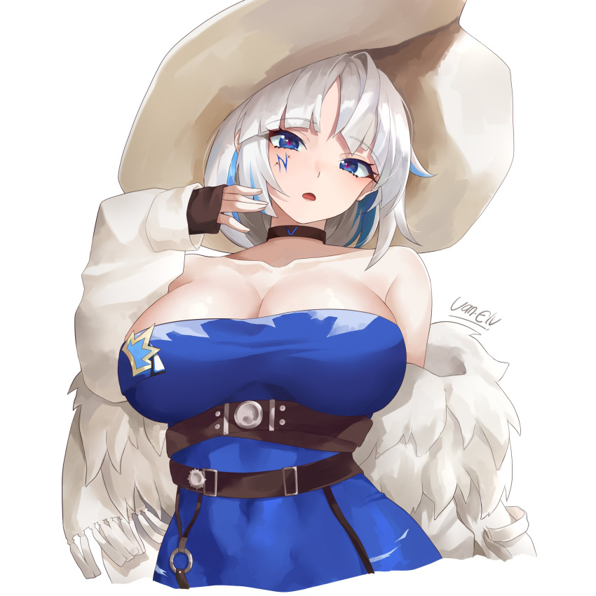 1girl absurdres alchemy_stars azure_(alchemy_stars) bangs bare_shoulders belt black_belt black_choker blue_dress blue_eyes blunt_bangs breasts choker cleavage commentary_request covered_navel dress facial_mark fur-trimmed_jacket fur_trim hat head_tilt highres jacket large_breasts long_sleeves looking_at_viewer off_shoulder open_mouth short_hair simple_background sleeves_past_wrists solo strapless strapless_dress upper_body van.elv white_background white_hair white_jacket