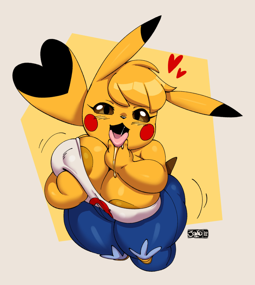 2022 anthro areola areola_slip big_breasts blue_bottomwear blue_clothing blue_jeans blue_pants bodily_fluids bottomwear breasts cleft_tail clothed clothing cosplay_pikachu_(character) cunnilingus_gesture denim denim_clothing dipstick_ears dipstick_tail drooling female generation_1_pokemon gesture hi_res jeans joaoppereiraus kanna_(joaoppereiraus) looking_at_viewer markings multicolored_ears nintendo open_mouth pants pikachu pokemon pokemon_(species) pokemorph saliva shirt signature simple_background solo suggestive suggestive_gesture tail_markings thick_thighs tongue tongue_out topwear torn_bottomwear torn_clothing torn_jeans torn_pants video_games white_clothing white_shirt white_topwear yellow_body