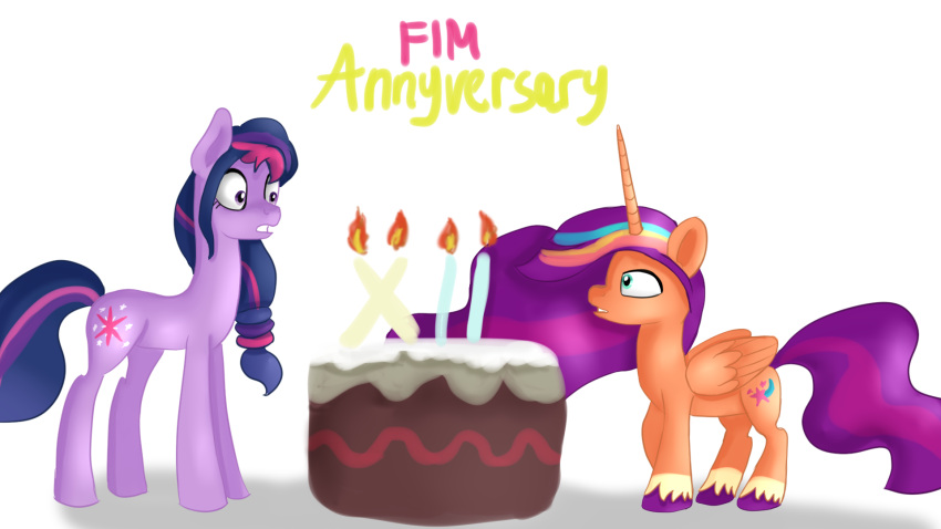 16:9 alternate_hairstyle cake candle dessert duo earth_pony equid equine female fetlocks food friendship_is_magic hasbro hi_res horn horse jbond mammal mlp_g5 my_little_pony pony race_swap_(mlp) role_reversal shocked shocked_expression shocked_face simple_background sunny_starscout_(mlp) text twilight_sparkle_(mlp) white_background widescreen winged_unicorn wings