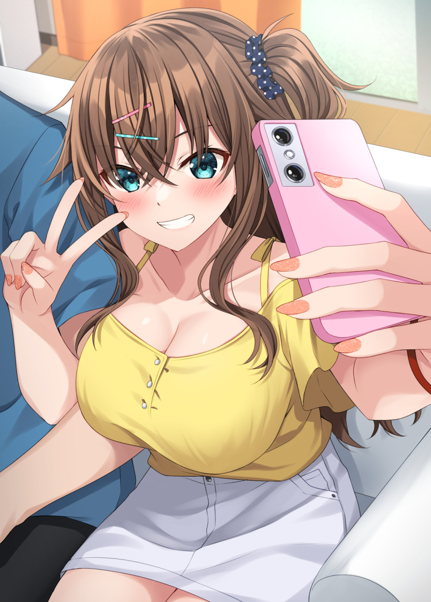 1boy 1girl bangs bare_shoulders black_scrunchie blue_shirt breasts brown_hair cellphone class_no_gyaru_ga_nazeka_ore_no_gimai_to_nakayoku_natta. cleavage commentary_request couch green_eyes grin hair_between_eyes hair_ornament hair_scrunchie hairclip highres holding holding_phone indoors komori_kuzuyu locked_arms medium_breasts nail_polish off-shoulder_shirt off_shoulder on_couch one_side_up phone polka_dot polka_dot_scrunchie red_nails scrunchie selfie shirt short_sleeves sitting skirt smile takarai_yua white_skirt wooden_floor yellow_shirt