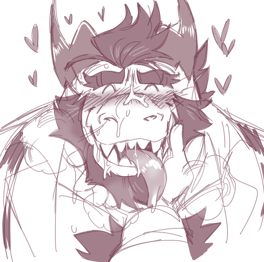 &lt;3 absurd_res anthro beard black_hair bodily_fluids breath chest_tuft clothed clothing cum cum_in_mouth cum_inside cum_on_face dragon duo facial_hair genital_fluids good_boy hair hi_res horn jugger_(character) juggermelon long_tongue male male/male monochrome muscular muscular_anthro muscular_male open_clothing open_shirt open_topwear panting pecs red_body shirt solo suspenders tongue topwear tuft