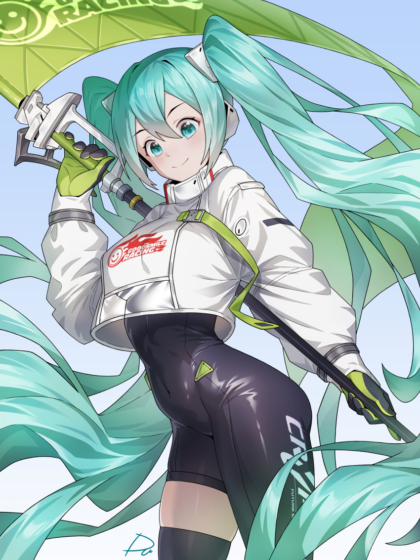 1girl absurdres aqua_eyes aqua_hair black_bodysuit black_gloves black_thighhighs blue_background blush bodysuit bodysuit_under_clothes breasts closed_mouth clothes_writing commentary covered_navel cowgirl_position crop_top gloves goodsmile_racing gradient gradient_background green_gloves hatsune_miku highres holding long_hair looking_at_viewer racing_miku racing_miku_(2022) radjeong see-through signature single_thighhigh small_breasts smile solo straddling thighhighs two-tone_gloves very_long_hair vocaloid