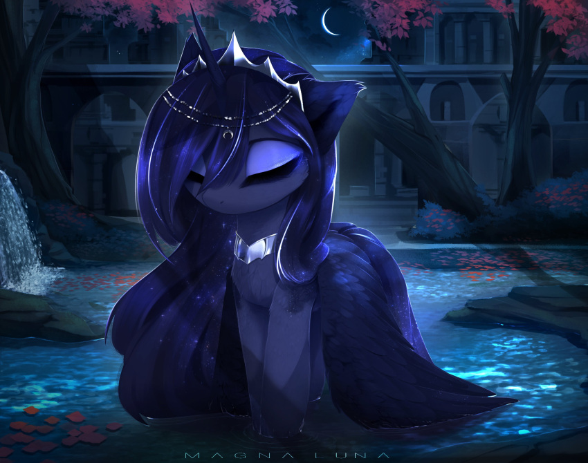 2022 absurd_res blue_body blue_eyeshadow blue_feathers blue_fur blue_hair crown digital_media_(artwork) equid equine eyelashes eyes_closed eyeshadow feathered_wings feathers female feral flower_petals friendship_is_magic fur hair hair_over_eye hasbro hi_res horn magnaluna makeup mammal moon my_little_pony night one_eye_obstructed outside petals plant princess_luna_(mlp) solo tree water waterfall winged_unicorn wings