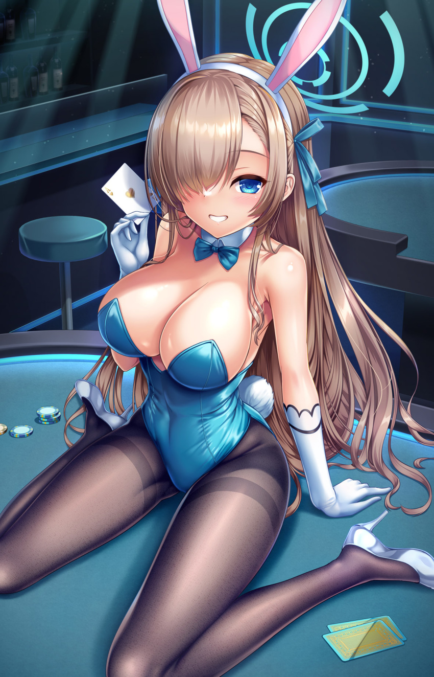 1girl animal_ears arm_support asuna_(blue_archive) asuna_(bunny)_(blue_archive) bangs black_pantyhose blue_archive blue_bow blue_bowtie blue_eyes blue_leotard bow bowtie breasts brown_hair card cleavage collar commentary_request detached_collar fake_animal_ears gloves hair_over_one_eye hairband halo heart high_heels highres holding holding_card indoors large_breasts leotard long_hair on_table pantyhose playboy_bunny playing_card poker_table rabbit_ears rabbit_tail shoes sitting solo stool strapless strapless_leotard table tail thighband_pantyhose umitonakai very_long_hair wariza white_collar white_footwear white_gloves white_hairband wing_collar
