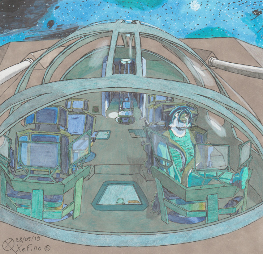 adrien_warmher anthro artesian blue_light canid canine canis fox hi_res hybrid lost_in_space_(ambigous) male mammal no_energy sitting solo space spacecraft vehicle waiting wolf xefino