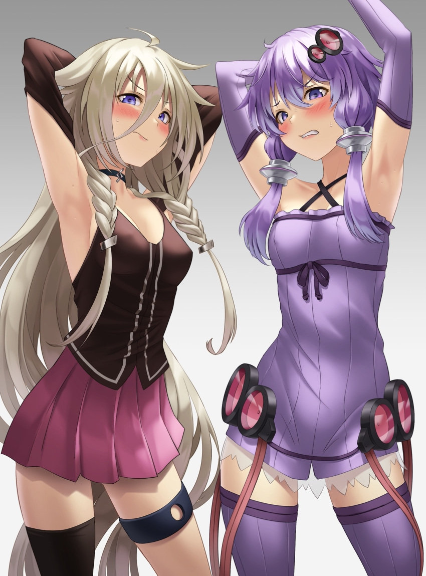 2girls :/ angry arm_behind_head armpits arms_behind_head arms_up bare_shoulders black_choker black_shirt black_thighhighs blonde_hair blue_eyes braid breasts choker clenched_teeth closed_mouth covered_nipples criss-cross_halter detached_sleeves dress embarrassed frilled_dress frills hair_between_eyes halter_dress halterneck highres ia_(vocaloid) kurione_(zassou) long_hair looking_at_viewer medium_breasts miniskirt multiple_girls no_bra pink_skirt pleated_skirt purple_dress purple_eyes purple_hair purple_thighhighs shirt single_thighhigh skirt small_breasts strapless strapless_dress striped striped_dress teeth thigh_strap thighhighs trembling tube_dress twin_braids twintails vertical-striped_dress vertical_stripes very_long_hair vocaloid voiceroid yuzuki_yukari