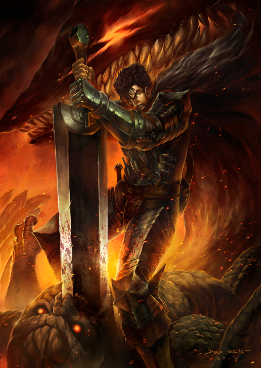 2boys absurdres armor beast_of_darkness_(berserk) berserk black_cape black_hair blood blood_on_clothes blood_on_weapon cape chaos-draco clenched_teeth commentary death dragonslayer_(sword) english_commentary fire glowing glowing_eyes greatsword guts_(berserk) highres holding holding_sword holding_weapon mozgus_(berserk) multiple_boys one_eye_closed prosthesis prosthetic_arm scales sharp_teeth short_hair shoulder_armor spiked_hair sword teeth weapon