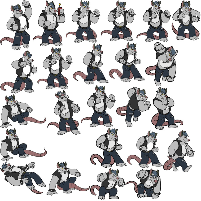 1:1 anthro bottomwear brok_the_investigator clothing cowcatgames fur grey_body grey_fur hi_res humanoid_hands male mammal model_sheet multiple_poses murid murine official_art pants pose punch rat rodent simple_background solo squealers_chief video_games walking white_background