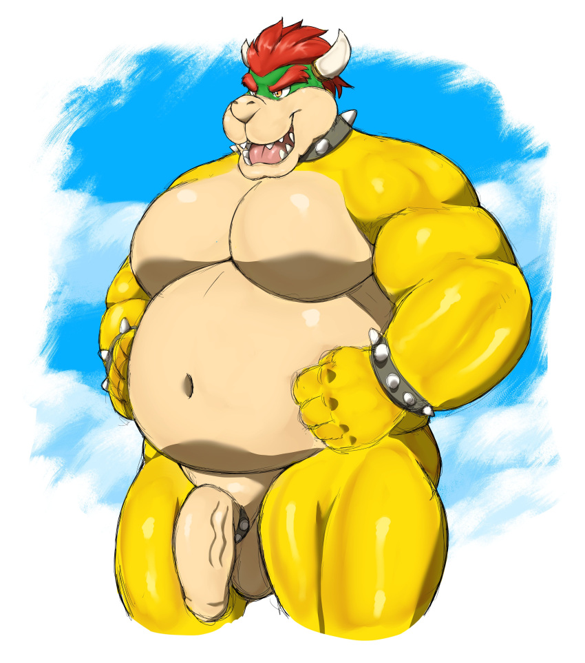 2_horns 5_fingers absurd_res accessory anthro balls belly bowser bracelet choberottie cock_ring collar fangs fingers fist flaccid genitals hair hand_on_stomach hi_res horn jewelry koopa male mario_bros moobs musclegut muscular muscular_anthro muscular_male nintendo nude open_mouth orange_eyes overweight overweight_anthro overweight_male pecs penis penis_accessory penis_jewelry pink_tongue red_hair scalie solo spiked_bracelet spiked_cock_ring spiked_collar spikes standing tan_balls tan_belly tan_penis teeth tongue vein veiny_penis video_games yellow_body yellow_skin