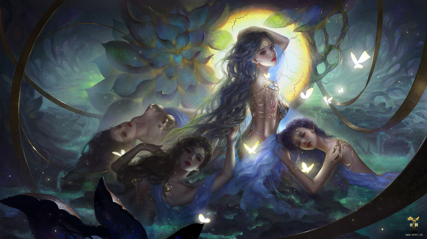 4girls armlet bare_shoulders blue_eyes blue_hair bottomless bracelet breasts cave chinese_commentary circle diamond_(shape) facial_mark fairy fairy_wings fantasy gyxycn hand_in_another's_hair hand_on_own_head jewelry long_hair looking_at_viewer medium_breasts mermaid monster_girl multiple_girls oasis original partially_submerged smile teeth triangle_print underground upper_teeth water wings