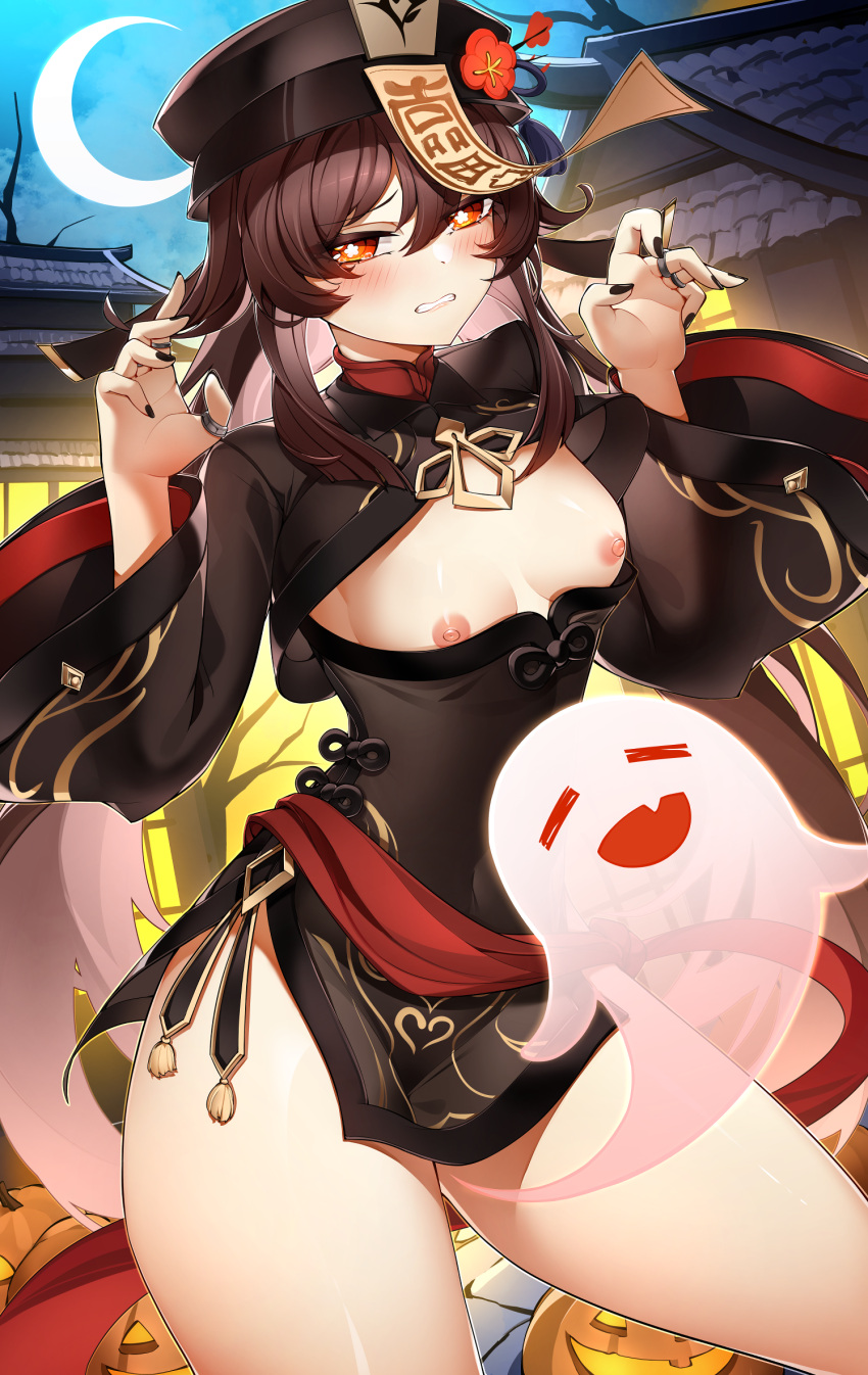 1girl bangs black_coat black_headwear black_shorts blush boo_tao_(genshin_impact) breasts breasts_out brown_hair casul coat coattails flower genshin_impact ghost hat hat_flower highres hu_tao_(genshin_impact) long_hair long_sleeves looking_at_viewer nipples plum_blossoms red_eyes shorts small_breasts symbol-shaped_pupils thighs twintails very_long_hair