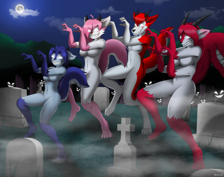 2022 4_arms anthro breasts canid canid_demon cemetery chuckline_(character) dancing dead_eyes demon female forest fur grin grinion_(species) grizmo_(character) group gurin_(character) halloween hi_res holidays horn kuramichan male mammal moon multi_arm multi_limb multicolored_body multicolored_fur pink_body pink_fur plant red_body red_fur rire_(character) silhouette smile thriller_(music_video) tree