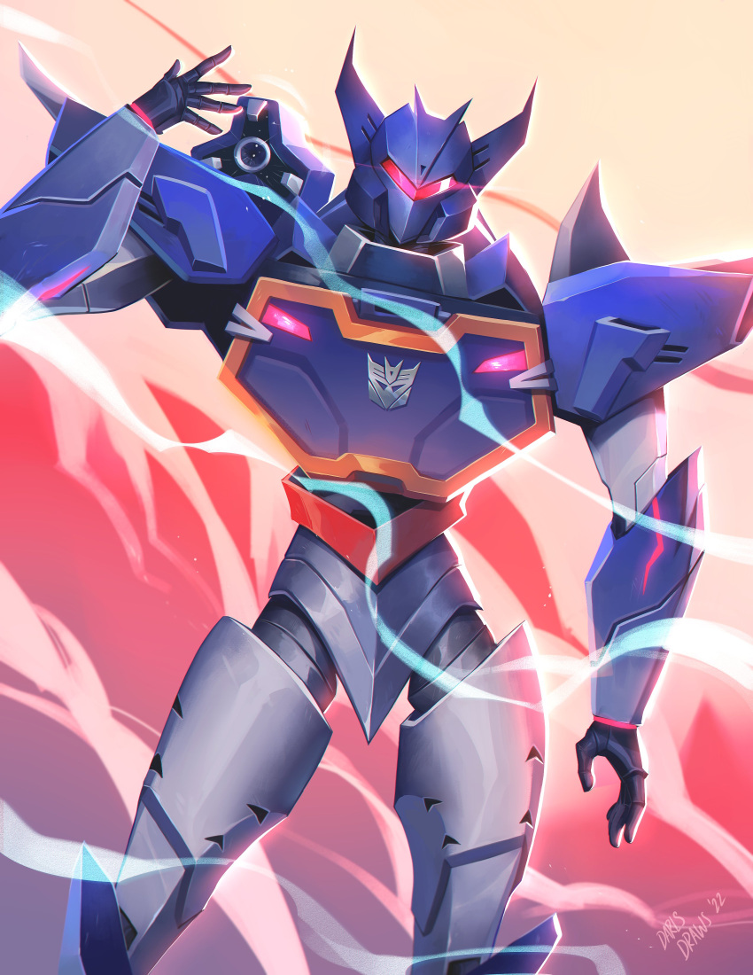 absurdres assault_visor decepticon english_commentary glowing head_tilt highres lina_rojas mecha open_hands robot science_fiction shoulder_cannon smoke solo soundwave_(transformers) transformers transformers:_earth_spark