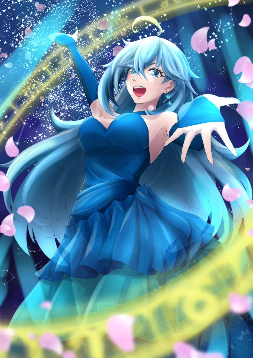 1girl :d absurdres ahoge arm_up armpits bangs blue_dress blue_eyes blue_hair blue_sleeves blurry blurry_foreground breasts cherry_blossoms detached_sleeves dress earrings floating_hair hair_between_eyes highres jewelry layered_dress long_dress long_hair long_sleeves medium_breasts open_mouth smile solo standing strapless strapless_dress teina very_long_hair vivy vivy:_fluorite_eye's_song