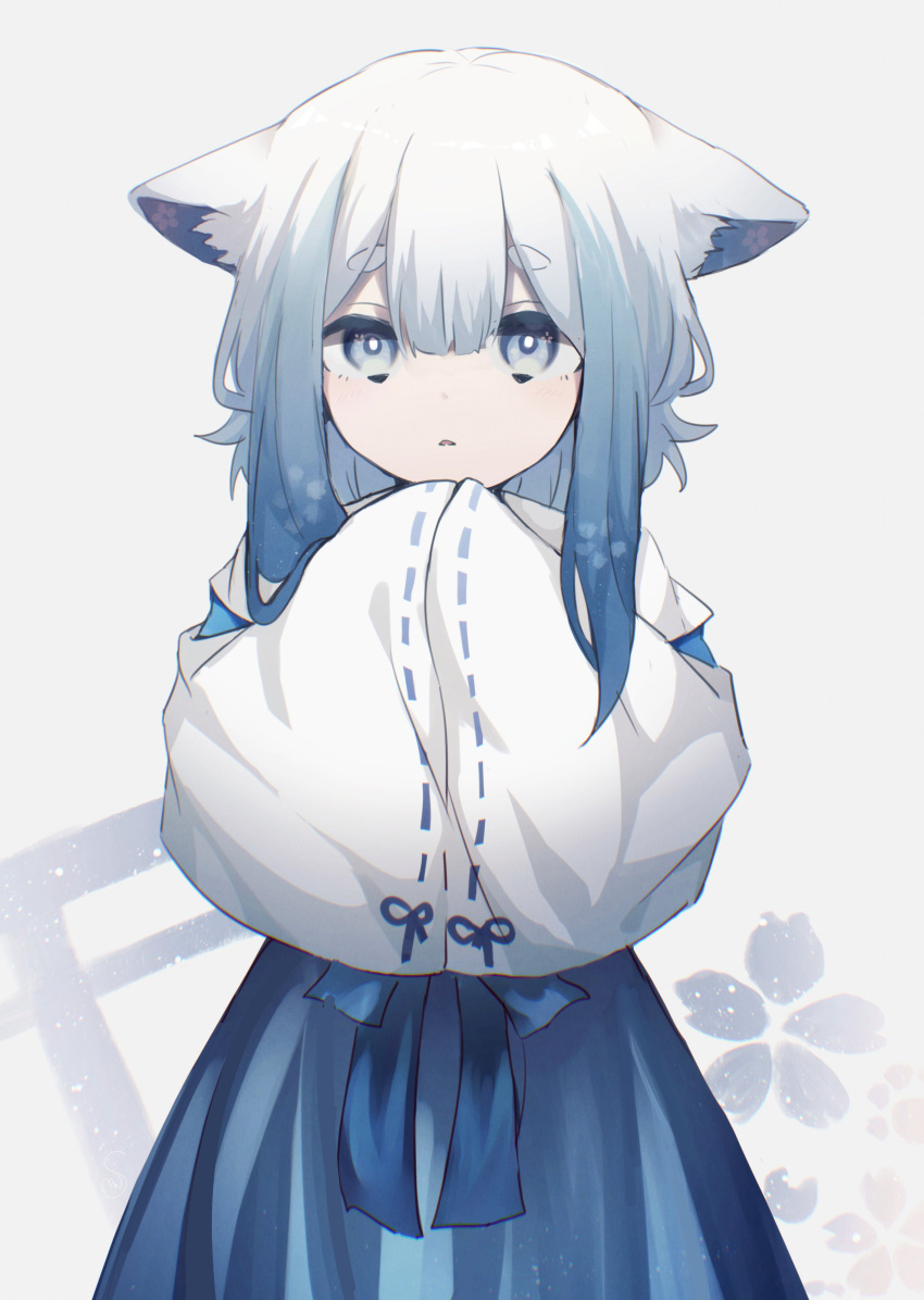 1boy absurdres animal_ear_fluff animal_ears blue_eyes blue_hair blue_hakama cat_boy cat_ears child ears_down gradient_hair hakama highres japanese_clothes kitsunemiyoru long_sleeves medium_hair miko multicolored_hair original otoko_no_ko parted_lips ribbon-trimmed_sleeves ribbon_trim wide_sleeves