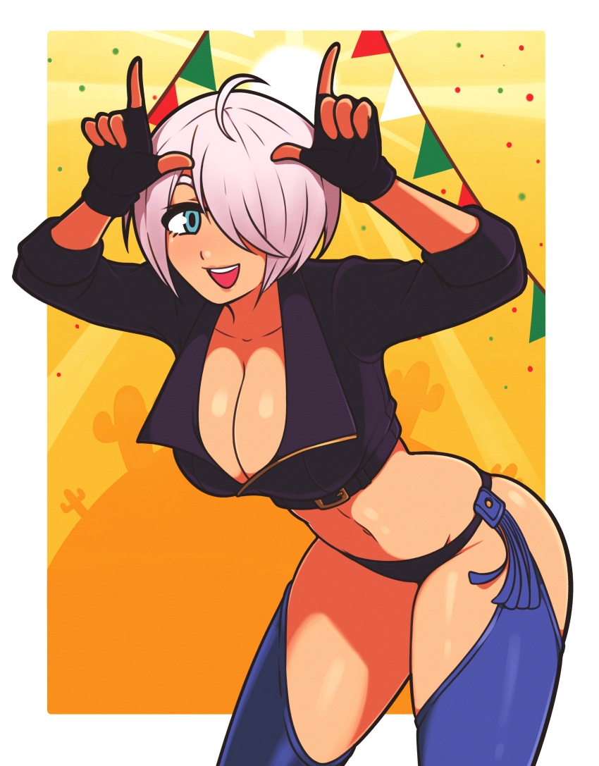 1girl absurdres angel_(kof) blue_eyes bra breasts chaps cropped_jacket finger_horns fingerless_gloves gloves hair_over_one_eye highres index_fingers_raised jacket jeff_miga large_breasts leaning_forward leather leather_jacket smile snk solo strapless strapless_bra the_king_of_fighters the_king_of_fighters_xiv toned underwear white_hair