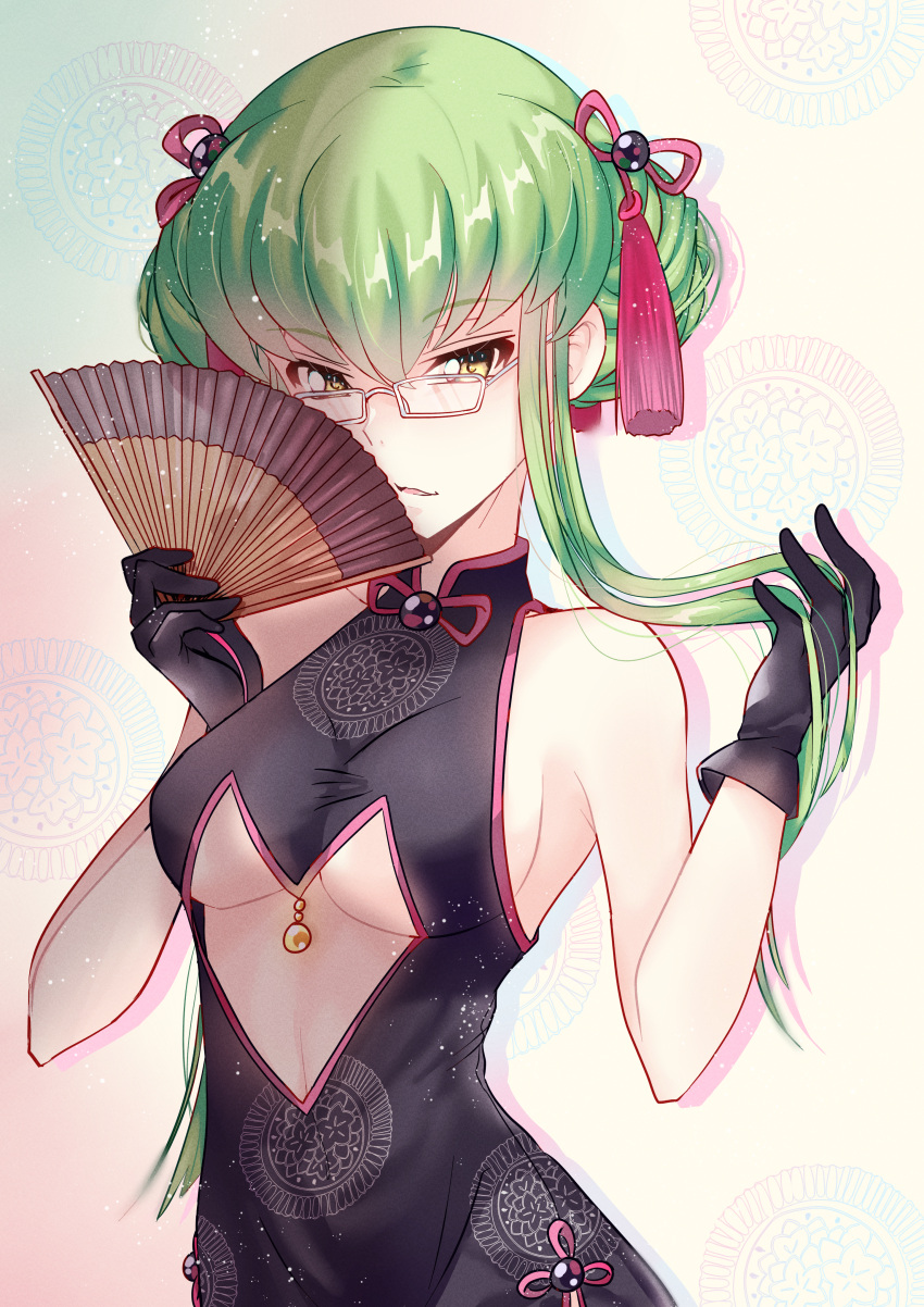 1girl absurdres bangs black_dress black_gloves breasts budgiepon c.c. clothing_cutout code_geass dress fate/grand_order fate_(series) gloves green_hair hair_between_eyes hair_ribbon hand_fan highres holding holding_fan holding_hair koyanskaya_(fate) looking_at_viewer medium_breasts rectangular_eyewear red_ribbon ribbon shiny shiny_hair short_hair_with_long_locks sideboob sleeveless sleeveless_dress solo tamamo_(fate) underboob upper_body white-framed_eyewear white_background yellow_eyes