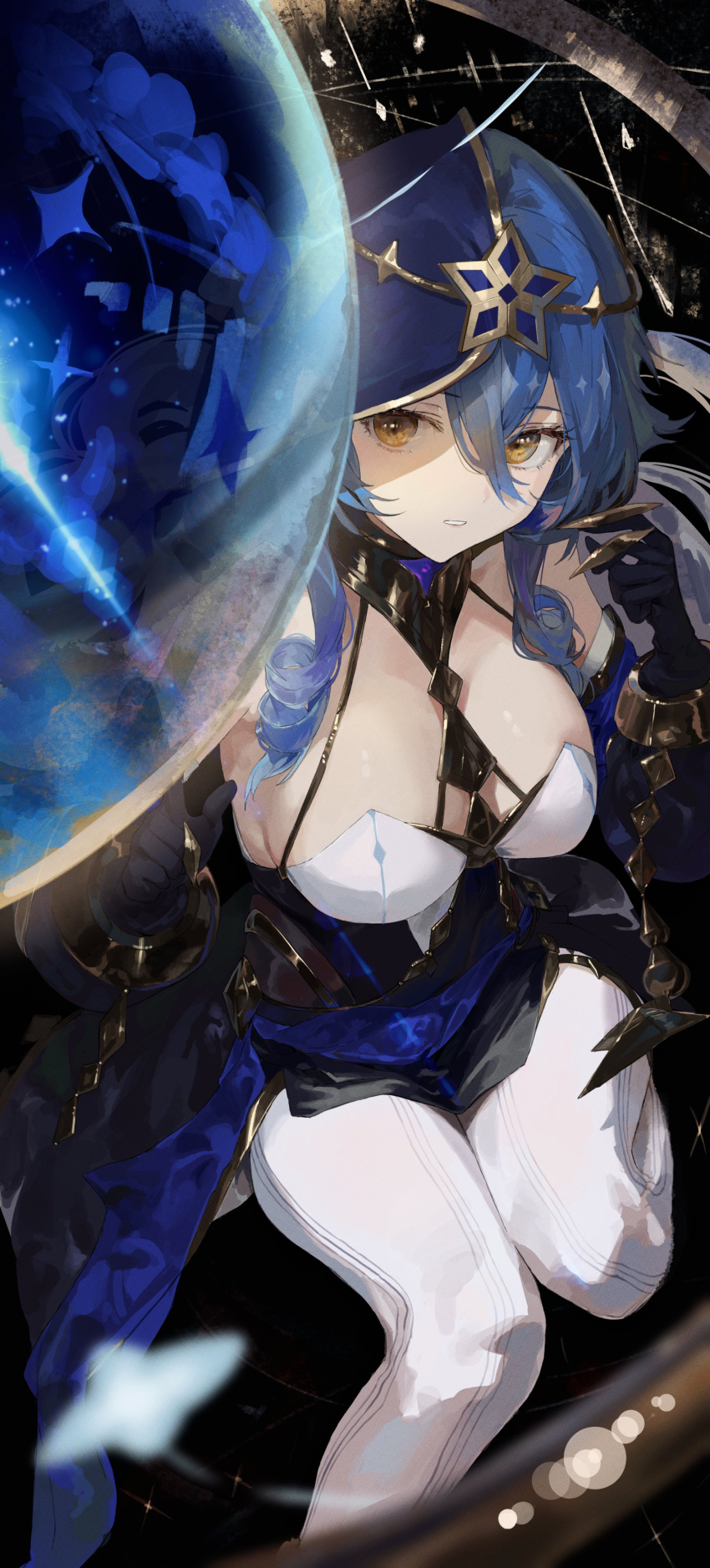 1girl a.t._zero absurdres bangs black_gloves blue_hair blue_hood blue_sleeves breasts claw_ring cleavage commentary detached_sleeves drill_hair genshin_impact gloves hair_between_eyes highres hood hood_up jewelry large_breasts layla_(genshin_impact) long_hair long_sleeves looking_at_viewer neck_ring orb outstretched_hand pants parted_lips shirt sidelocks solo symbol-only_commentary thighs white_pants white_shirt yellow_eyes