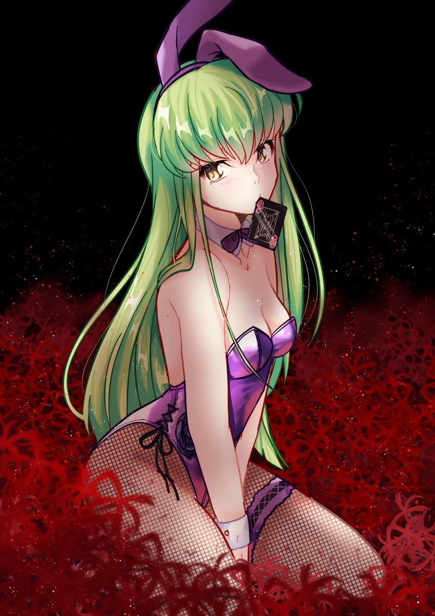 1girl absurdres animal_ears bangs bare_arms between_legs black_background black_ribbon blush bow bowtie breasts budgiepon c.c. card cleavage code_geass collarbone detached_collar fake_animal_ears fate/grand_order fate_(series) field fishnet_pantyhose fishnets flower flower_field green_hair hair_between_eyes hairband hand_between_legs highres kneeling leotard long_hair looking_at_viewer medium_breasts mouth_hold pantyhose playboy_bunny purple_bow purple_bowtie purple_hairband purple_leotard rabbit_ears red_flower ribbon scathach_(fate) scathach_(piercing_bunny)_(fate) shiny shiny_hair solo straight_hair strapless strapless_leotard thigh_strap very_long_hair yellow_eyes