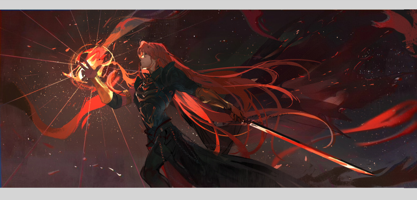 1boy absurdres arm_up armor bangs black_armor cape dark embers fire full_armor highres holding holding_sword holding_weapon long_hair looking_at_viewer looking_down lord_of_the_mysteries medici_(lord_of_the_mysteries) nayannayan red_cape red_hair solo sword weapon