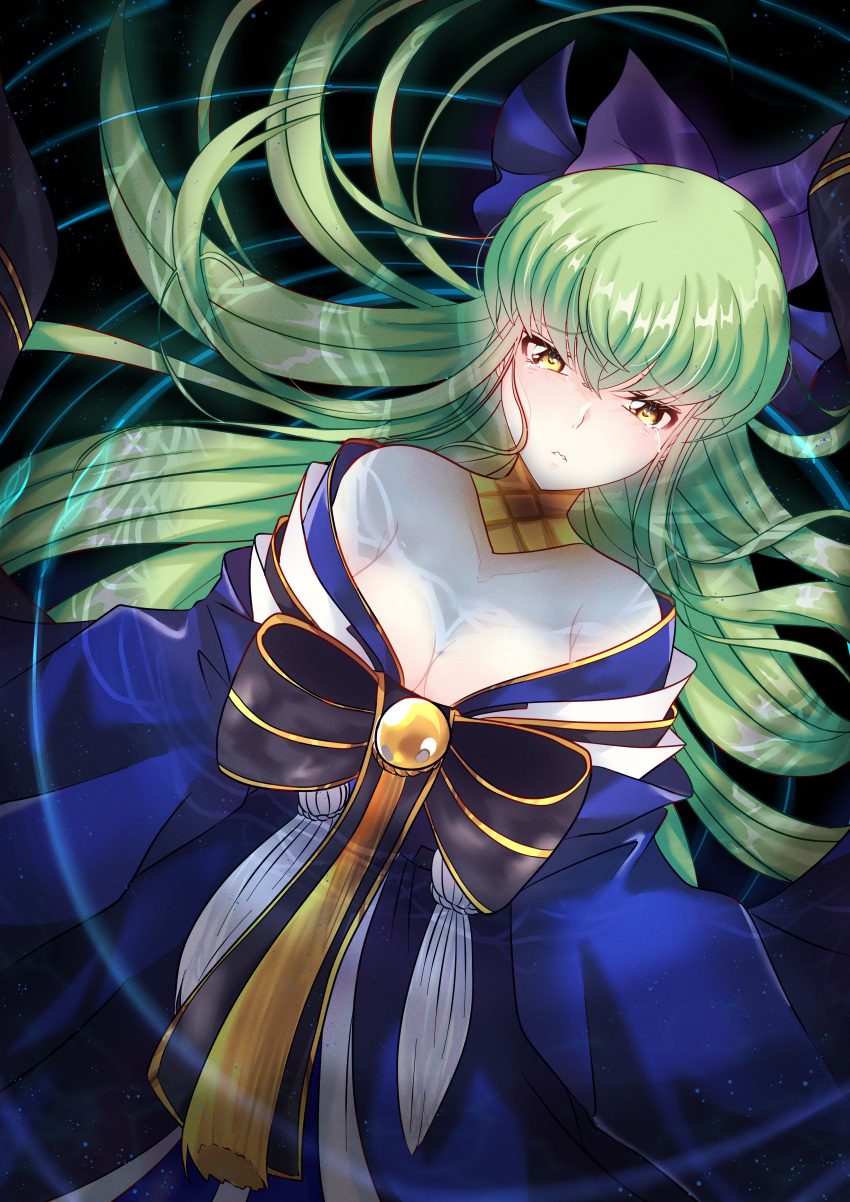 1girl absurdres bangs black_bow blue_kimono bow breasts budgiepon c.c. choker cleavage code_geass fate/grand_order fate_(series) from_above green_hair highres japanese_clothes kimono long_hair looking_at_viewer medium_breasts off_shoulder parted_lips shiny shiny_hair solo tamamo_(fate) tears very_long_hair yellow_choker yellow_eyes