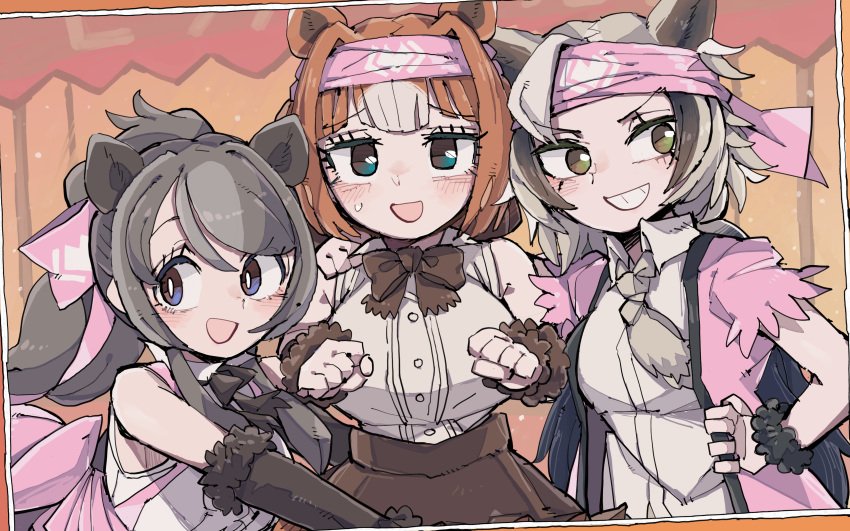 3girls absurdres animal_ears bear_ears bear_girl bergman's_bear_(kemono_friends) blush bow bowtie bright_pupils brown_bow brown_bowtie brown_eyes brown_hair character_request check_character ezo_brown_bear_(kemono_friends) grey_hair grin hair_intakes headband highres kanmoku-san kemono_friends kodiak_bear_(kemono_friends) long_hair looking_at_viewer multicolored_hair multiple_girls open_mouth parted_lips ponytail short_hair smile teeth white_hair white_pupils