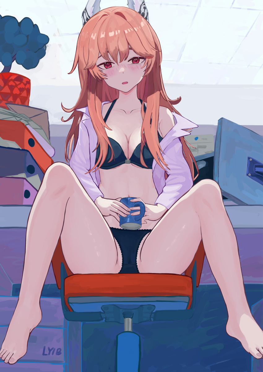 1girl absurdres animal_ear_fluff animal_ears artist_name bangs bare_legs barefoot black_bra black_panties blush bra bra_strap breasts cleavage coffee_cup collarbone commission cup disposable_cup feet full_body girls'_frontline highres holding holding_cup legs long_hair long_sleeves looking_at_viewer lyib medium_breasts open_clothes open_mouth open_robe panties persica_(girls'_frontline) red_eyes red_hair robe sidelocks simple_background sitting solo spread_legs thighs toes underwear white_robe