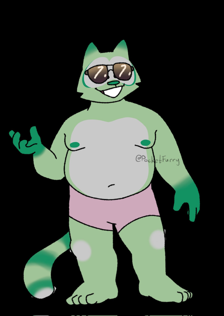 4_fingers 4_toes anthro bent_arm bottomwear clothing digital_media_(artwork) english_text eyewear feet fingers fred_(fredrick_brennan) front_view fur green_body green_fur hi_res male mammal navel nipples pocketfurry procyonid raccoon shorts slightly_chubby smile smiling_at_viewer solo standing sunglasses text toes