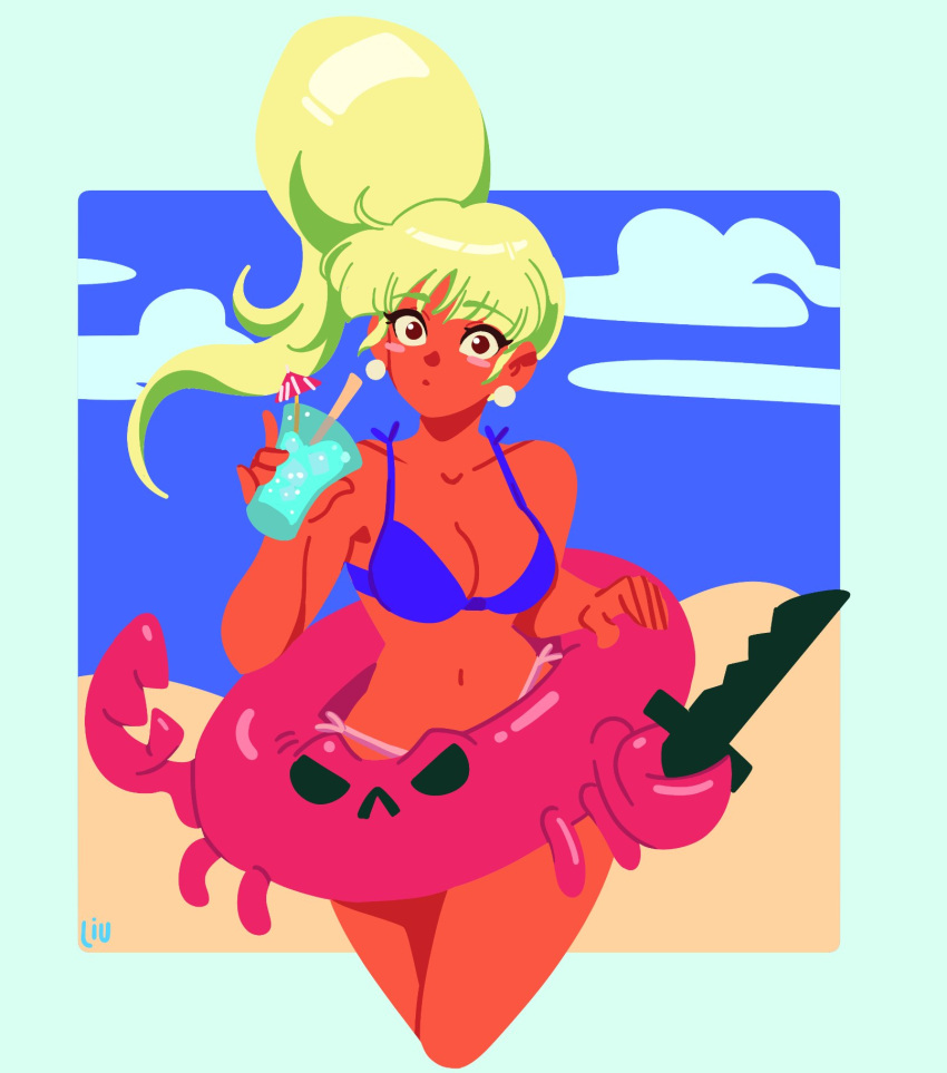 1girl :&lt; bangs bikini blonde_hair blue_bikini blue_sky blunt_bangs blush_stickers border breasts brown_eyes cleavage cocktail cocktail_glass crab cropped_legs cup david_liu drinking_glass earrings english_commentary flat_color full_body going_under high_ponytail highres innertube jackie_fiasco jewelry knife medium_breasts multicolored_bikini multicolored_clothes narrow_waist navel outside_border pink_bikini promotional_art sand sky solo standing surprised swimsuit white_border wide-eyed wide_hips