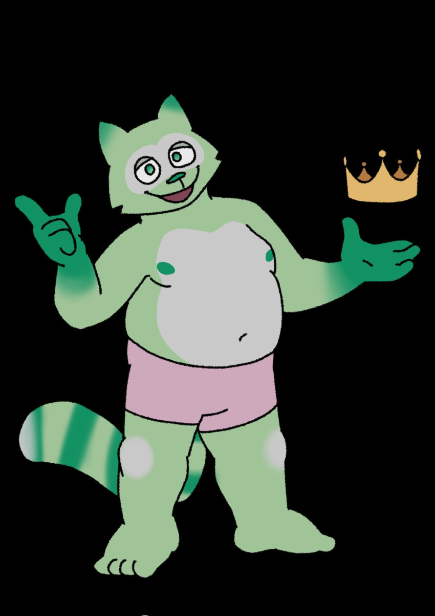 4_fingers 4_toes anthro bottomwear clothing crown digital_media_(artwork) feet fingers fred_(fredrick_brennan) front_view fur green_body green_fur hi_res looking_at_viewer male mammal navel nipples open_mouth pocketfurry procyonid raccoon shorts slightly_chubby solo standing toes