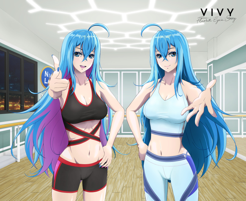 2girls :d absurdres ahoge bangs bare_arms bike_shorts black_shorts black_sports_bra blue_eyes blue_hair blue_nails blue_pants breasts character_name cleavage clement39 closed_mouth collarbone colored_inner_hair copyright_name crop_top groin hair_between_eyes hand_on_hip highres index_finger_raised indoors large_breasts long_hair looking_at_viewer medium_breasts midriff multicolored_hair multiple_girls nail_polish navel open_mouth outstretched_arm pants pink_hair reaching_out shiny shiny_hair short_shorts shorts skin_tight smile sports_bra standing stomach straight_hair two-tone_hair very_long_hair vivy vivy:_fluorite_eye's_song