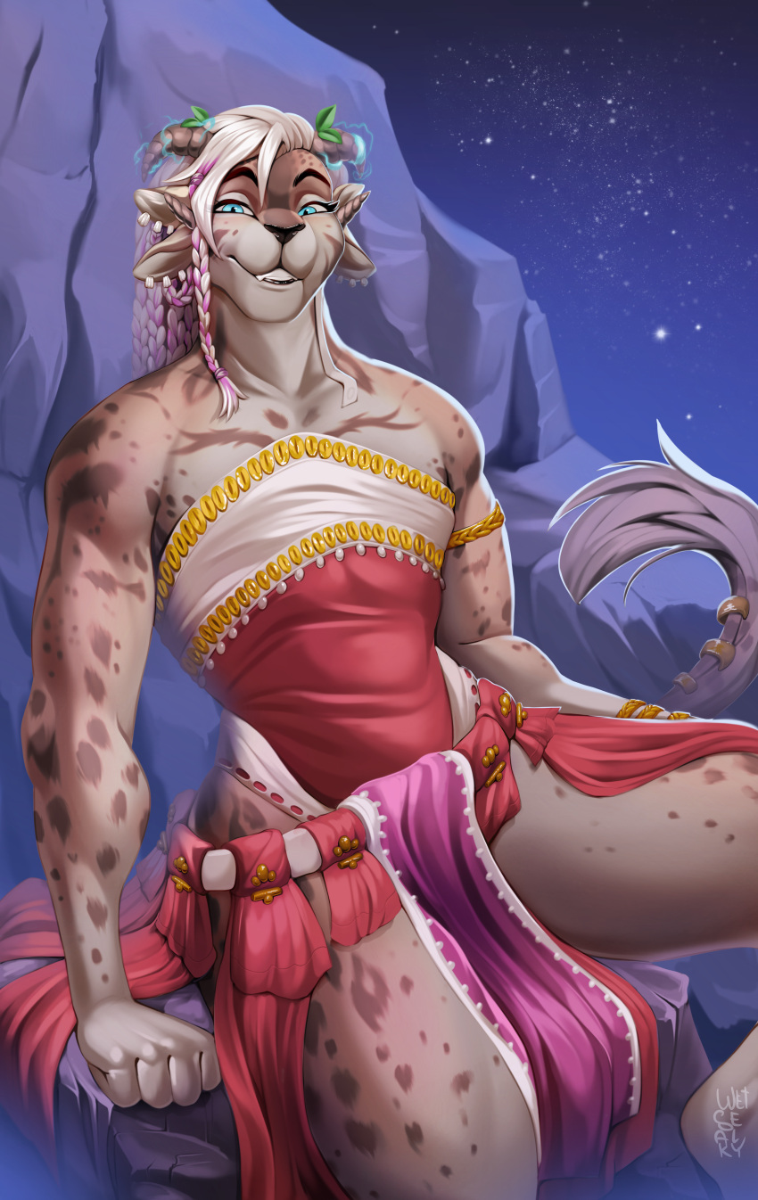 2022 4_ears 4_horns absurd_res accessory anthro arm_cuff blonde_hair boulder bracelet brachioradialis braided_hair charr charr_wiggle_tail clothed clothing costume detailed_background digital_media_(artwork) ear_piercing eyebrows eyelashes eyelashes_through_hair faded fading felid female fist fluffy fluffy_tail front_view fur furgonomics glistening glistening_eyes glowing gold_(metal) gold_jewelry guild_wars hair hi_res horn horn_accessory jewelry looking_at_viewer mammal multi_ear multi_horn multicolored_hair night night_sky piercing portrait raised_tail rock sitting sitting_on_rock smile smirk snout solo space spots spotted_arms spotted_body spotted_fur spotted_legs spread_legs spreading star tail_accessory tail_tuft teeth teeth_showing three-quarter_portrait translucent translucent_hair tuft video_games wetsealky wrinkles_in_clothes