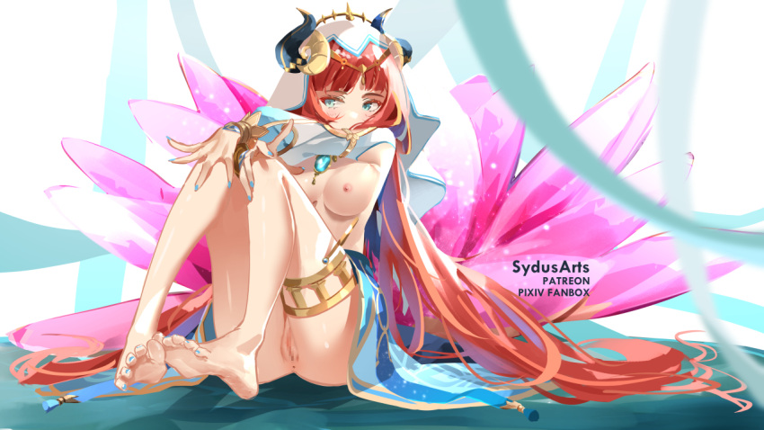 1girl artist_name bangs barefoot breasts brooch censored circlet feet full_body genshin_impact horns jewelry legs long_hair long_sleeves looking_at_viewer medium_breasts mosaic_censoring nail_polish nilou_(genshin_impact) nipples parted_bangs pussy red_hair sitting soles solo sydus thighlet thighs toes veil very_long_hair