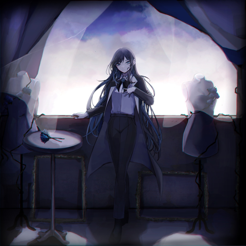 1girl ado_(singer) bangs black_footwear black_hair black_pants black_suit blue_eyes blue_flower blue_hair blue_rose colored_inner_hair crossed_legs curtains dress_shirt ewkkyorhr_(orihara) expressionless flower formal full_body gloves hand_on_own_chest highres indoors long_hair long_jacket long_sleeves looking_at_viewer mannequin multicolored_hair neck_flower niconico official_art pant_suit pants plant rose shirt solo standing suit table twilight utaite_(singer) very_long_hair vines white_gloves white_shirt window