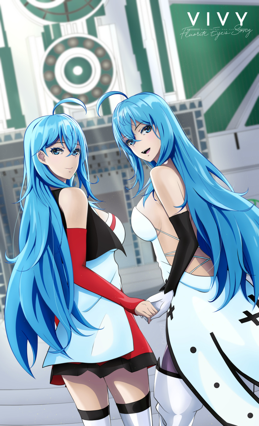 2girls :d absurdres ahoge bangs black_sleeves blue_eyes blue_hair boots breasts character_name clement39 closed_mouth copyright_name day detached_sleeves dress from_behind gloves hair_between_eyes highres holding_hands large_breasts long_hair long_sleeves looking_at_viewer looking_back miniskirt multiple_girls open_mouth outdoors red_skirt red_sleeves shiny shiny_hair sideboob skirt sleeveless sleeveless_dress smile standing straight_hair thigh_boots thighhighs very_long_hair vivy vivy:_fluorite_eye's_song white_dress white_footwear white_gloves white_thighhighs zettai_ryouiki