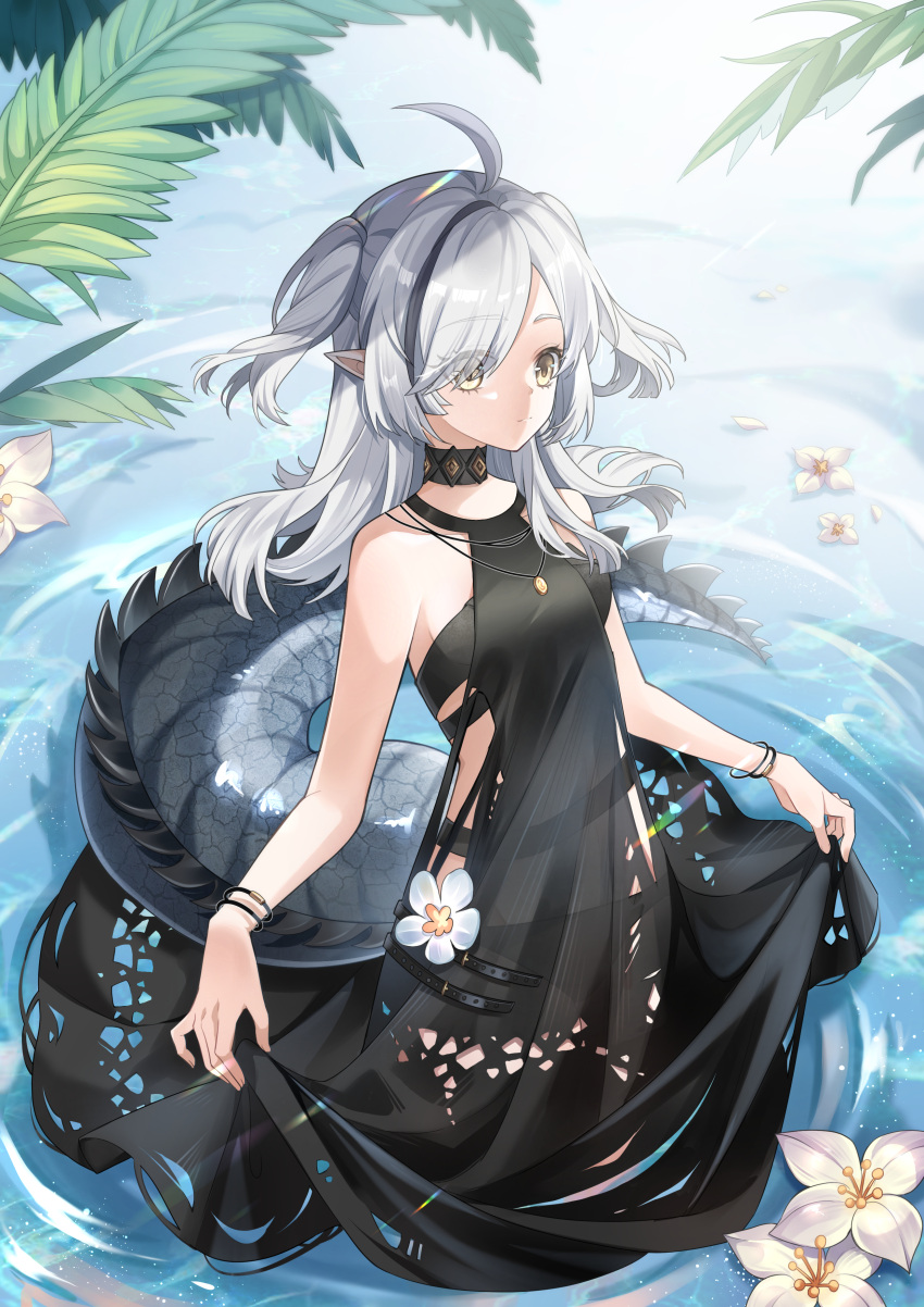 1girl absurdres ahoge arknights bangs bare_arms bare_shoulders black_choker choker commentary_request crocodilian_tail dress flower grey_hair highres jinyujinyi large_tail long_hair looking_at_viewer official_alternate_costume pointy_ears sleeveless sleeveless_dress solo tail tomimi_(arknights) two_side_up wading water white_flower yellow_eyes