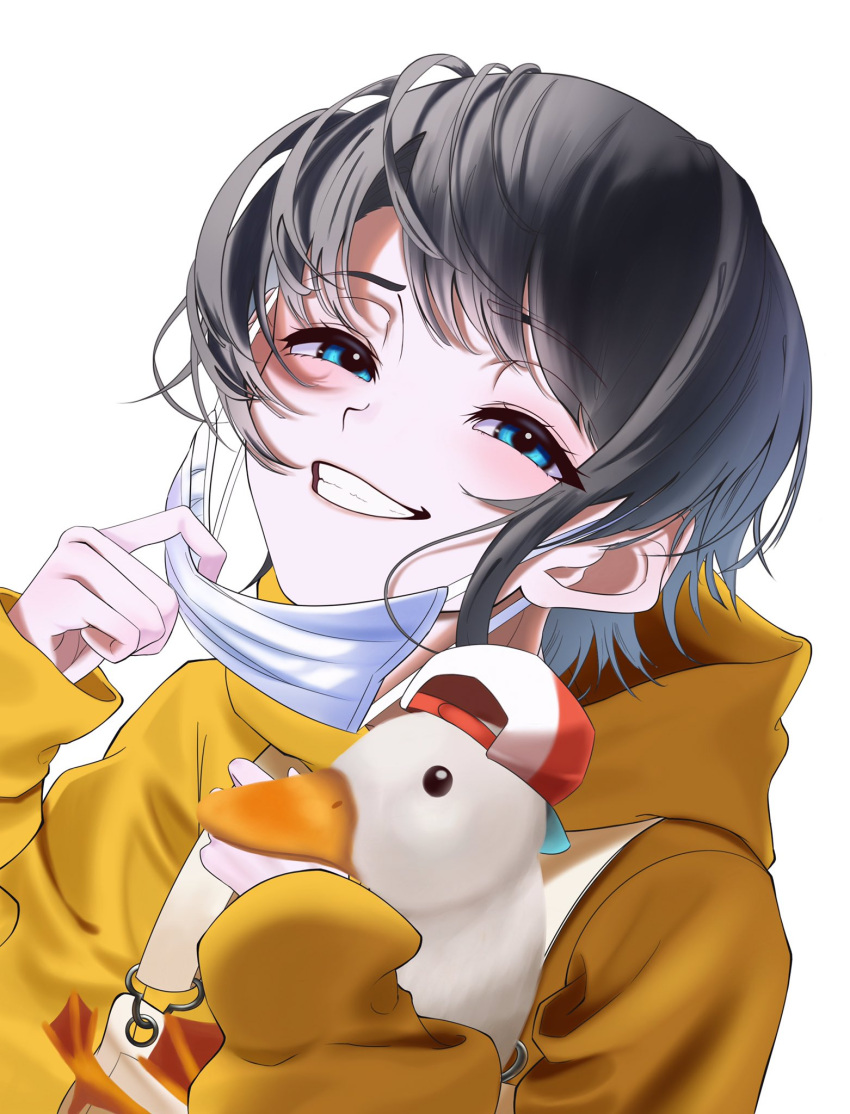 1girl animal backwards_hat bangs baseball_cap bird black_eyes black_hair blue_eyes duck hat highres holding holding_animal holding_bird hololive hood hoodie looking_at_viewer mask mask_pull mouth_mask oozora_subaru parted_lips portrait short_hair smile solo subaru_duck surgical_mask sutami_kyu virtual_youtuber white_background white_headwear yellow_hoodie