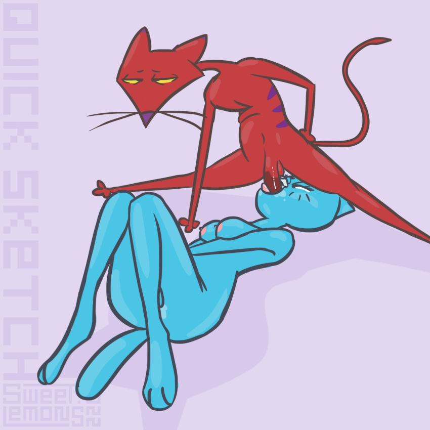 2022 3_toes anthro balls bedroom_eyes belly bent_legs bent_over blue_body blue_fur bodily_fluids breast_squish breasts butt cartoon_network courage_the_cowardly_dog digital_drawing_(artwork) digital_media_(artwork) digital_painting_(artwork) domestic_cat duo eyebrows eyelashes feet felid feline felis fellatio female flexible fur fur_markings genitals half-closed_eyes hi_res highlights_(coloring) humanoid_genitalia humanoid_penis katz_(courage_the_cowardly_dog) legs_together long_tail looking_pleasured lying male male/female mammal markings monotone_body monotone_breasts monotone_ears monotone_fur monotone_genitals monotone_tail narrowed_eyes navel nicole_watterson nipples nude on_back open_mouth oral paws penile penis prick_ears purple_background raised_tail red_body red_fur saliva seductive sex sexy_eyes shaded shadow signature simple_background simple_coloring simple_eyes simple_shading snout splits spread_legs spreading squish sweet.lemons teeth_visible the_amazing_world_of_gumball thick_thighs toes tongue wet whiskers wide_hips yellow_eyes